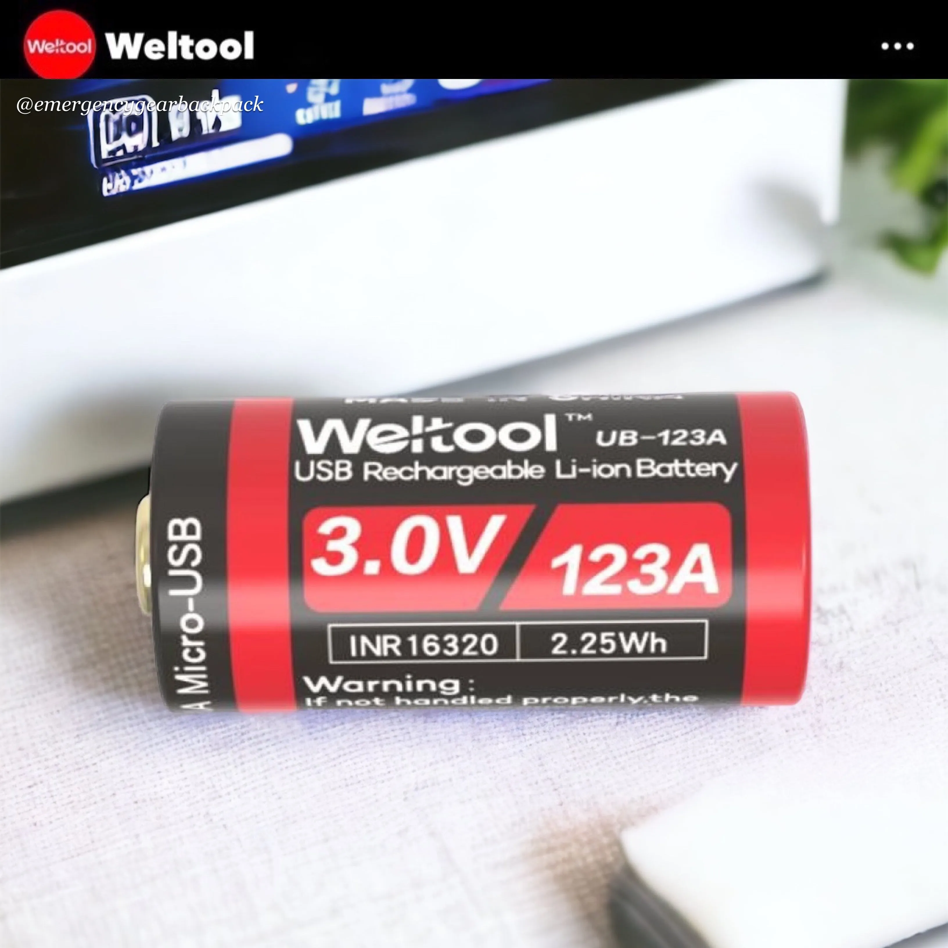 Weltool UB-123A 750mAh 3.0V USB Rechargeable Li-ion Battery