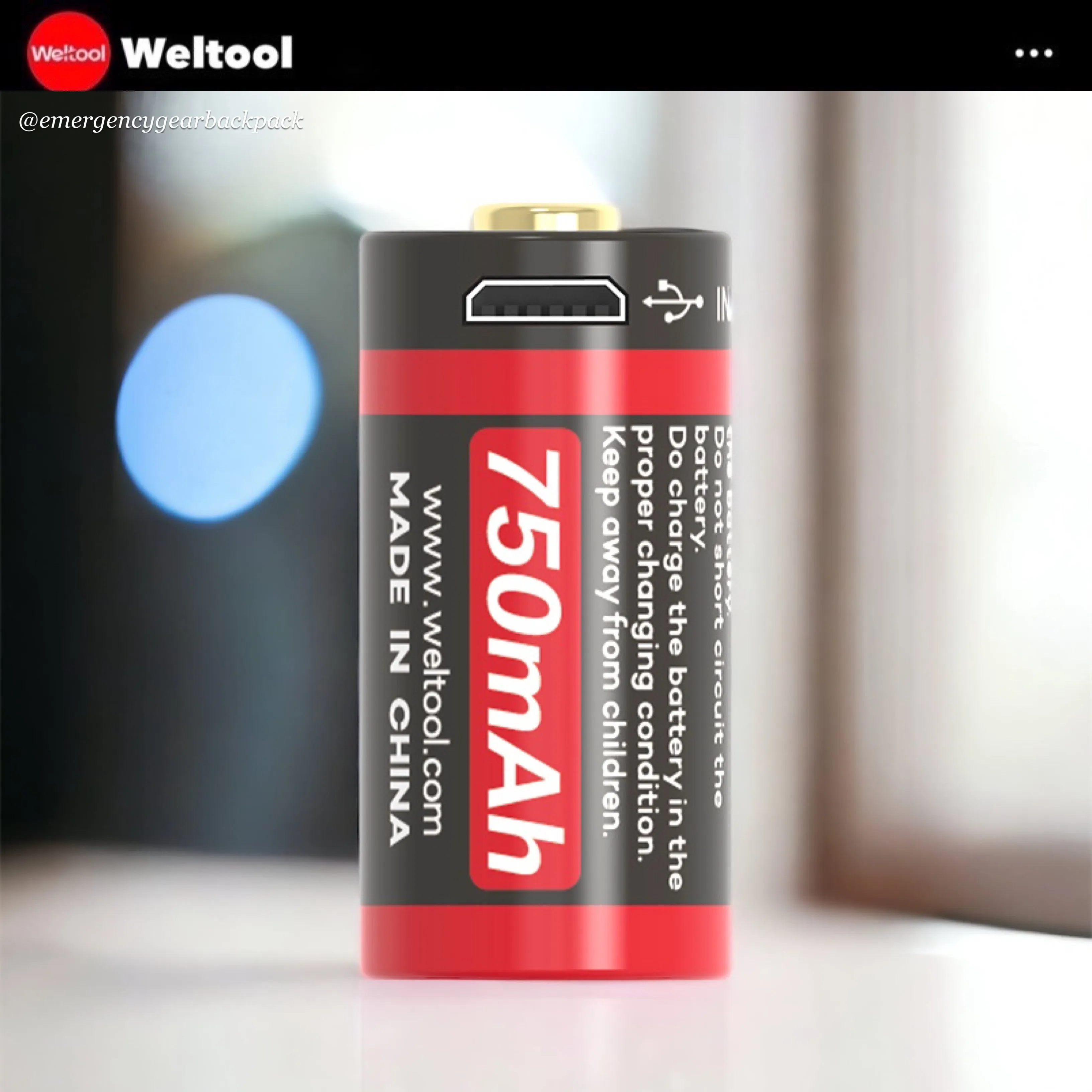 Weltool UB-123A 750mAh 3.0V USB Rechargeable Li-ion Battery