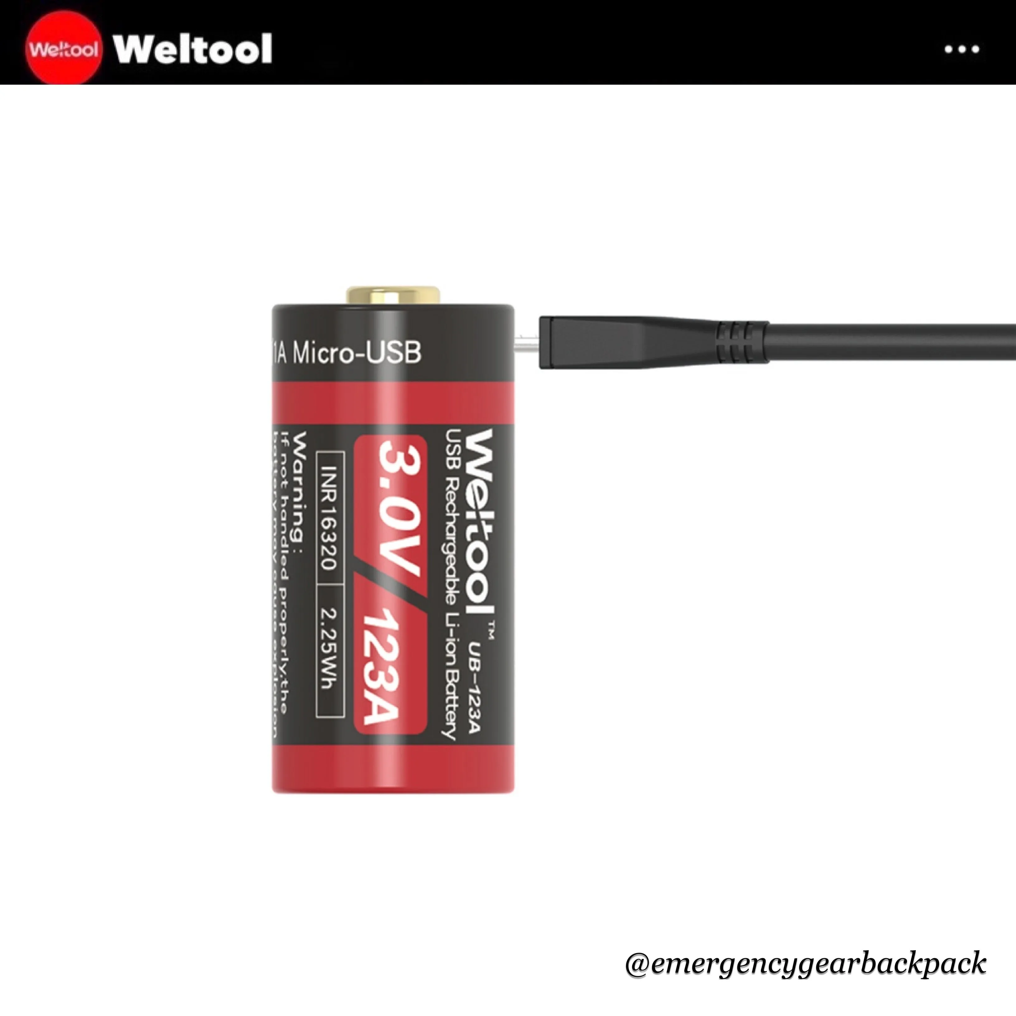 Weltool UB-123A 750mAh 3.0V USB Rechargeable Li-ion Battery