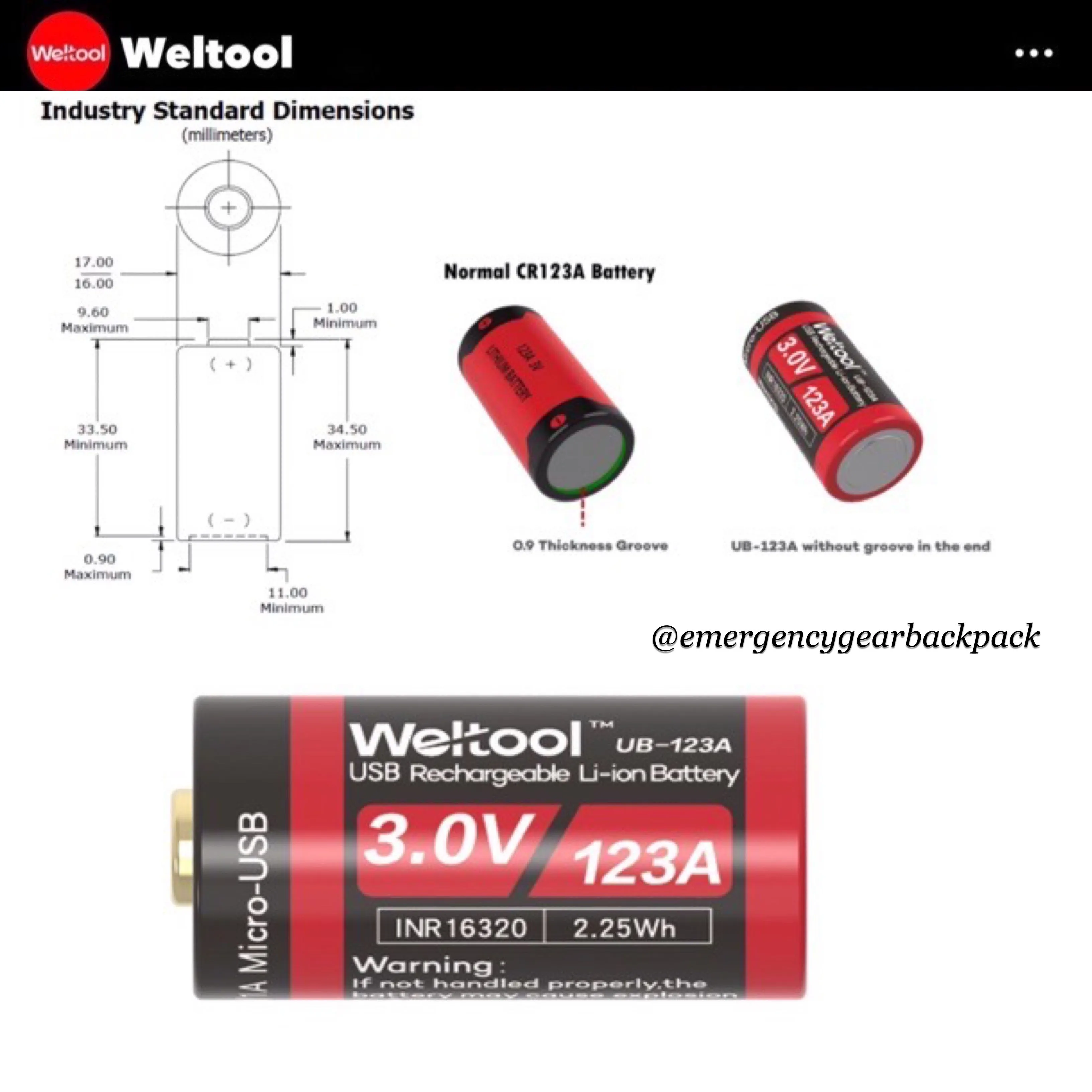 Weltool UB-123A 750mAh 3.0V USB Rechargeable Li-ion Battery