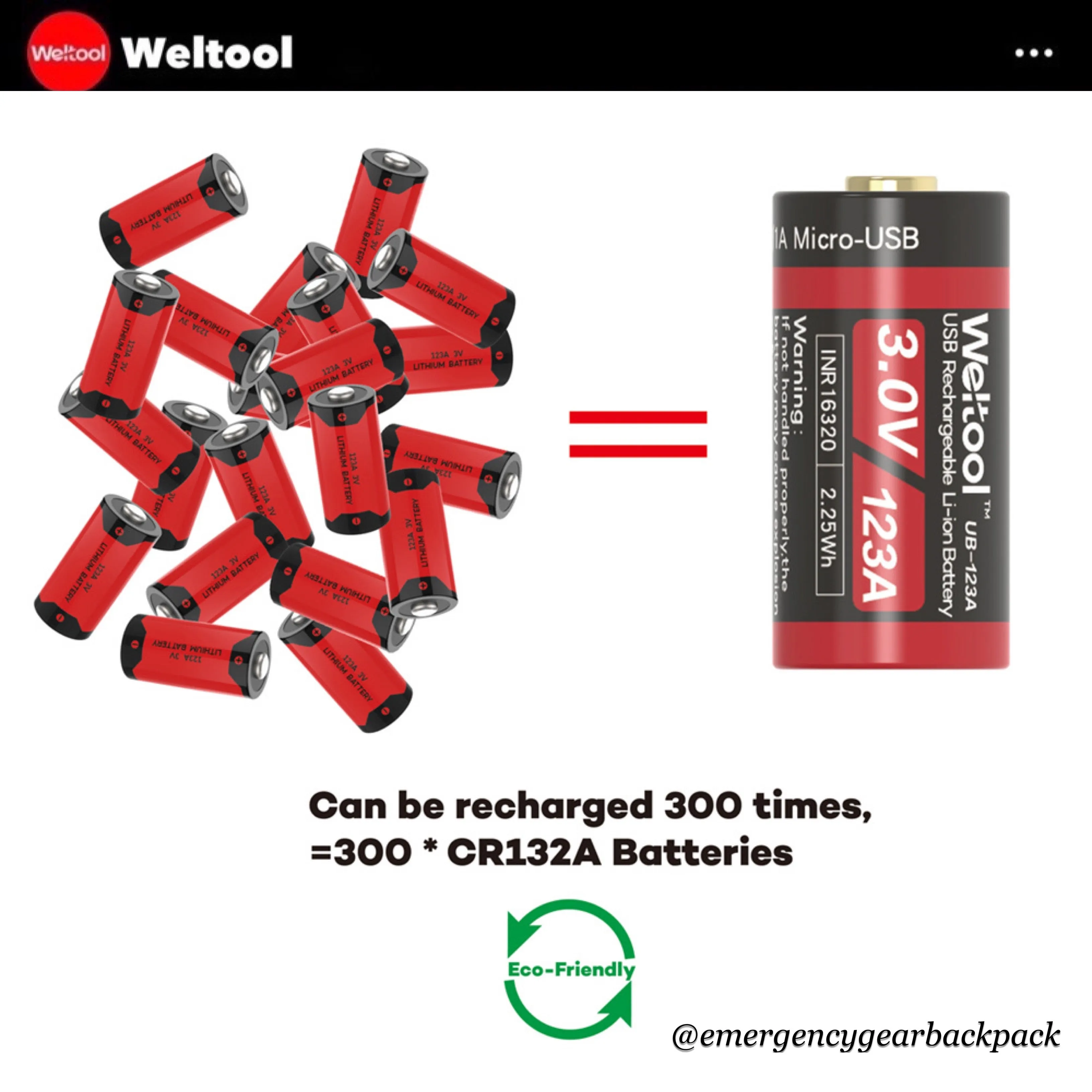 Weltool UB-123A 750mAh 3.0V USB Rechargeable Li-ion Battery