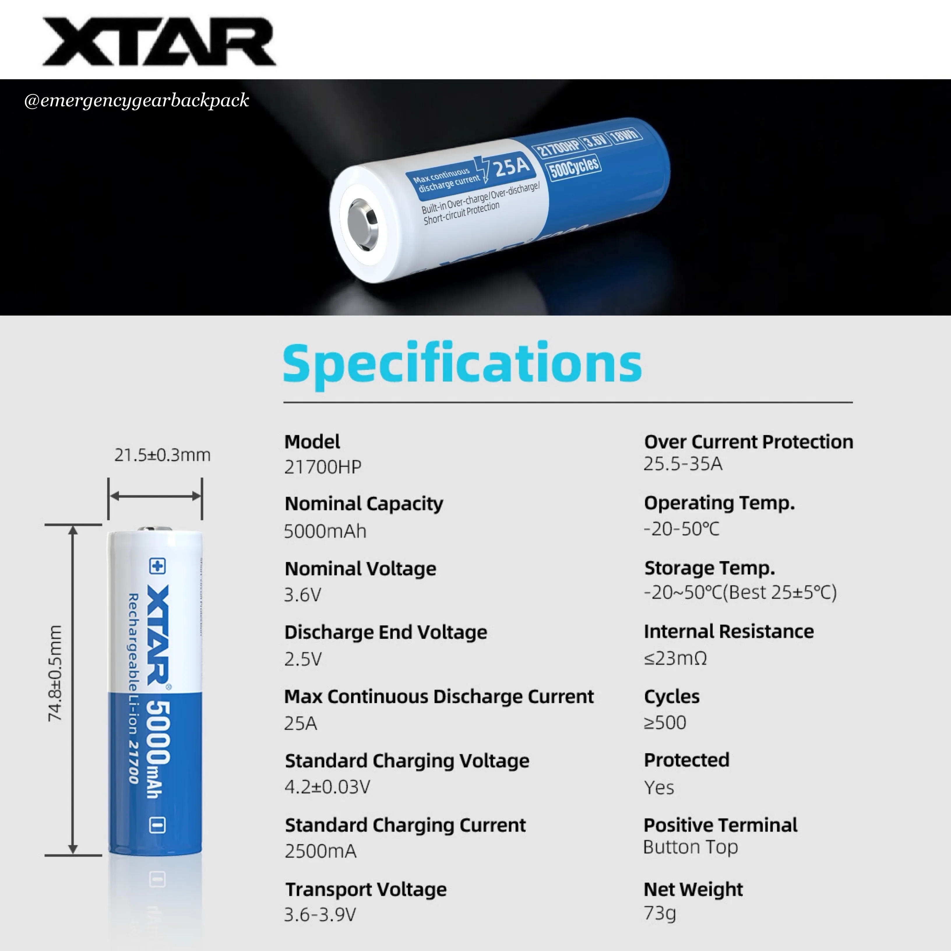 XTAR 21700HP 5000mAh 3.6V 25A Li-ion Rechargeable Battery