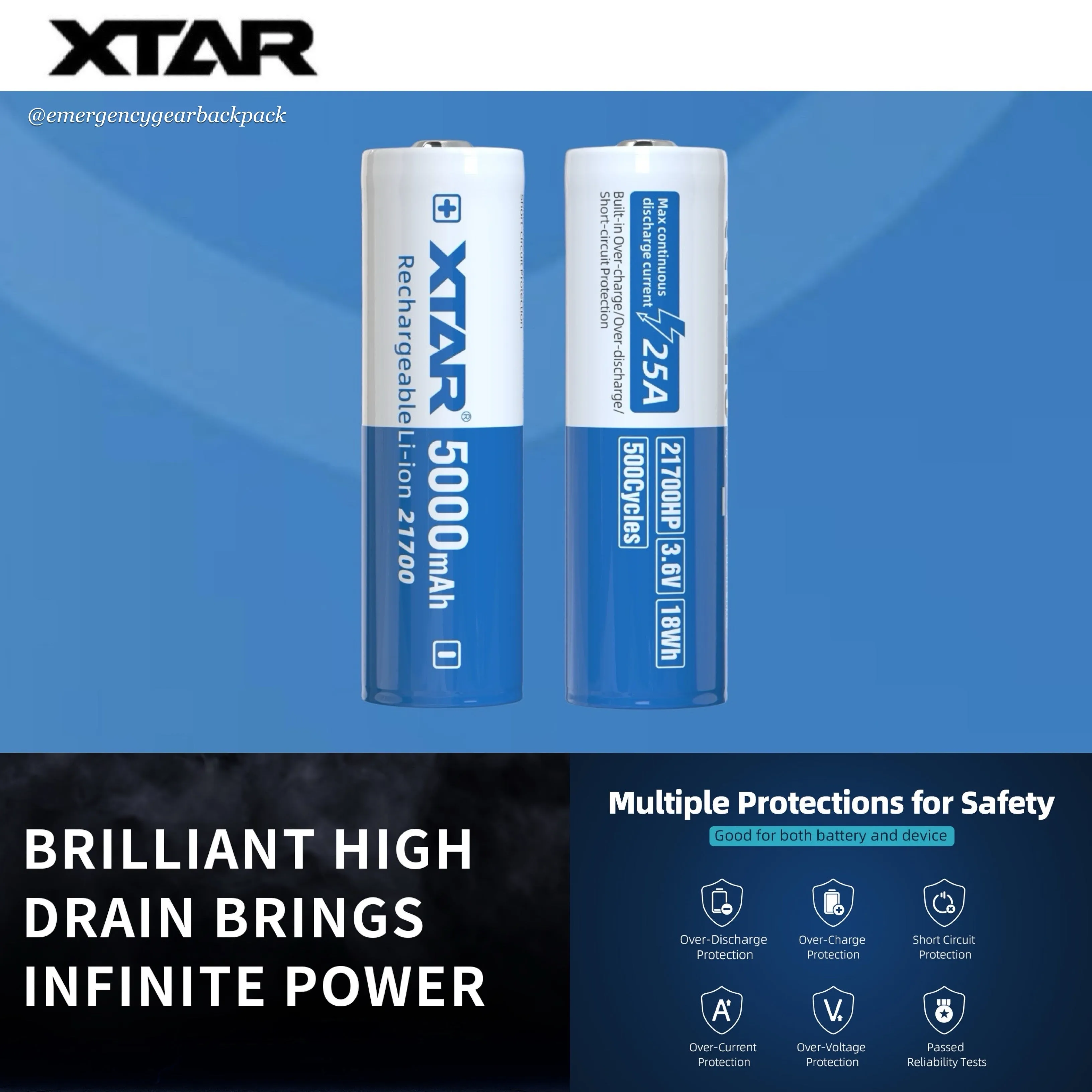 XTAR 21700HP 5000mAh 3.6V 25A Li-ion Rechargeable Battery