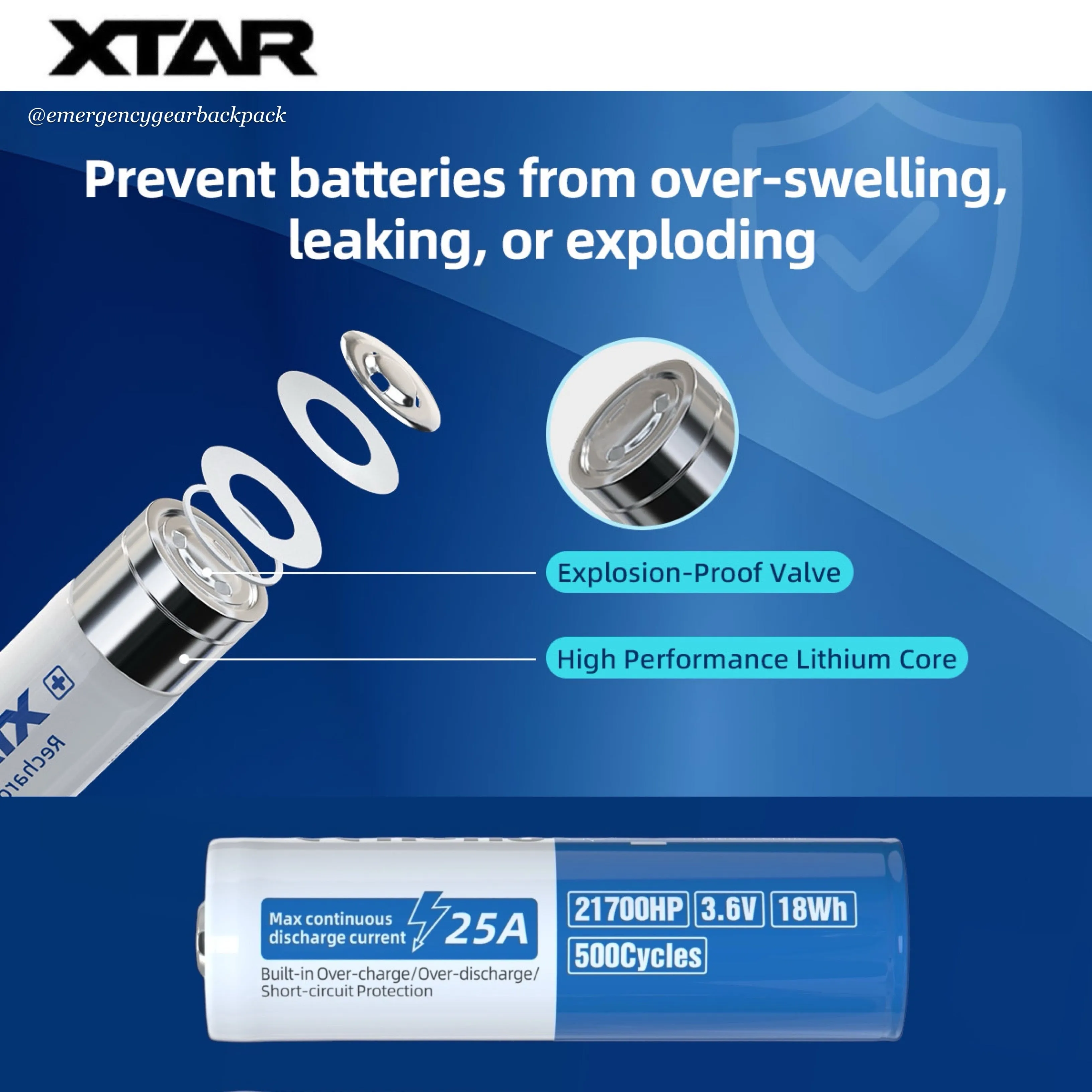 XTAR 21700HP 5000mAh 3.6V 25A Li-ion Rechargeable Battery