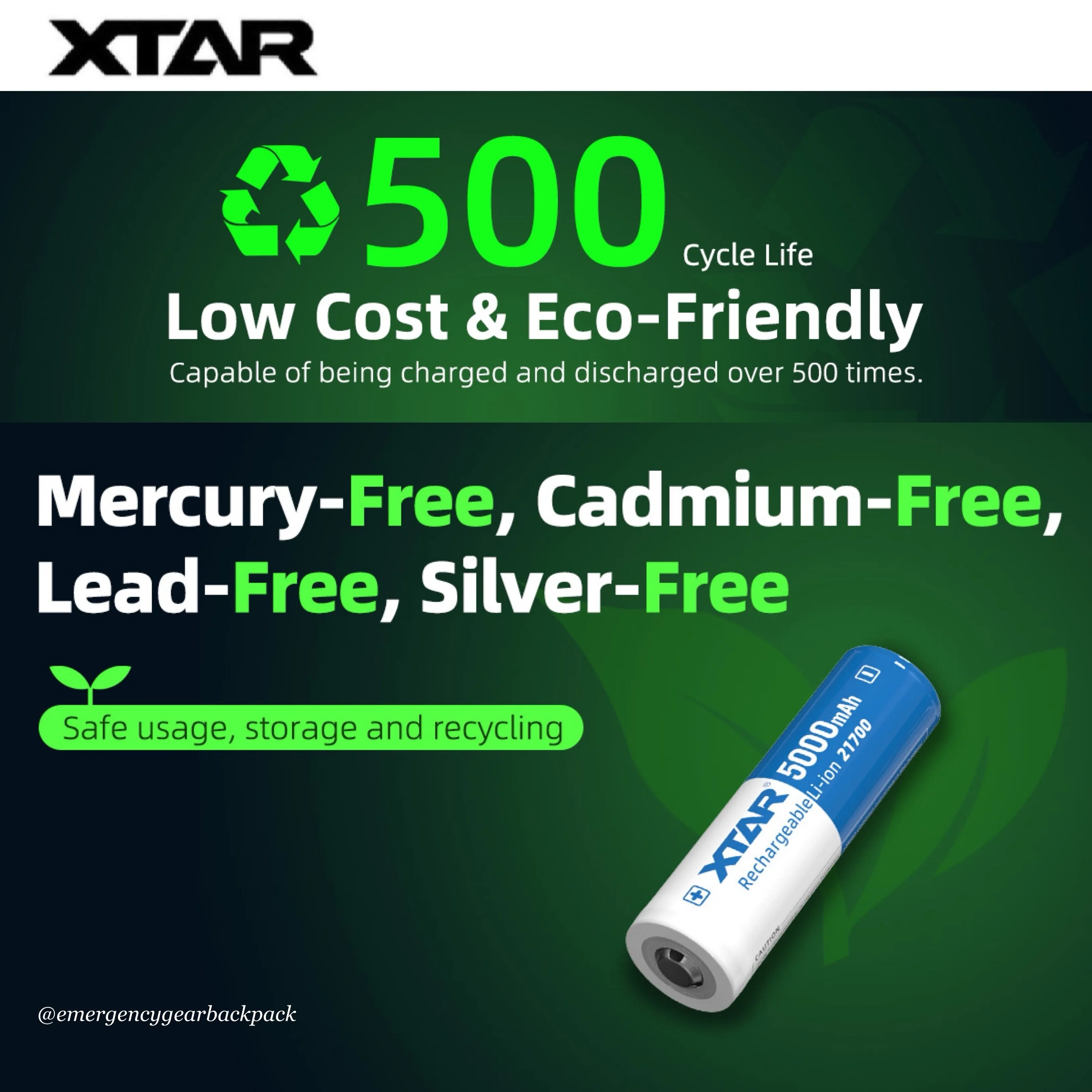 XTAR 21700HP 5000mAh 3.6V 25A Li-ion Rechargeable Battery
